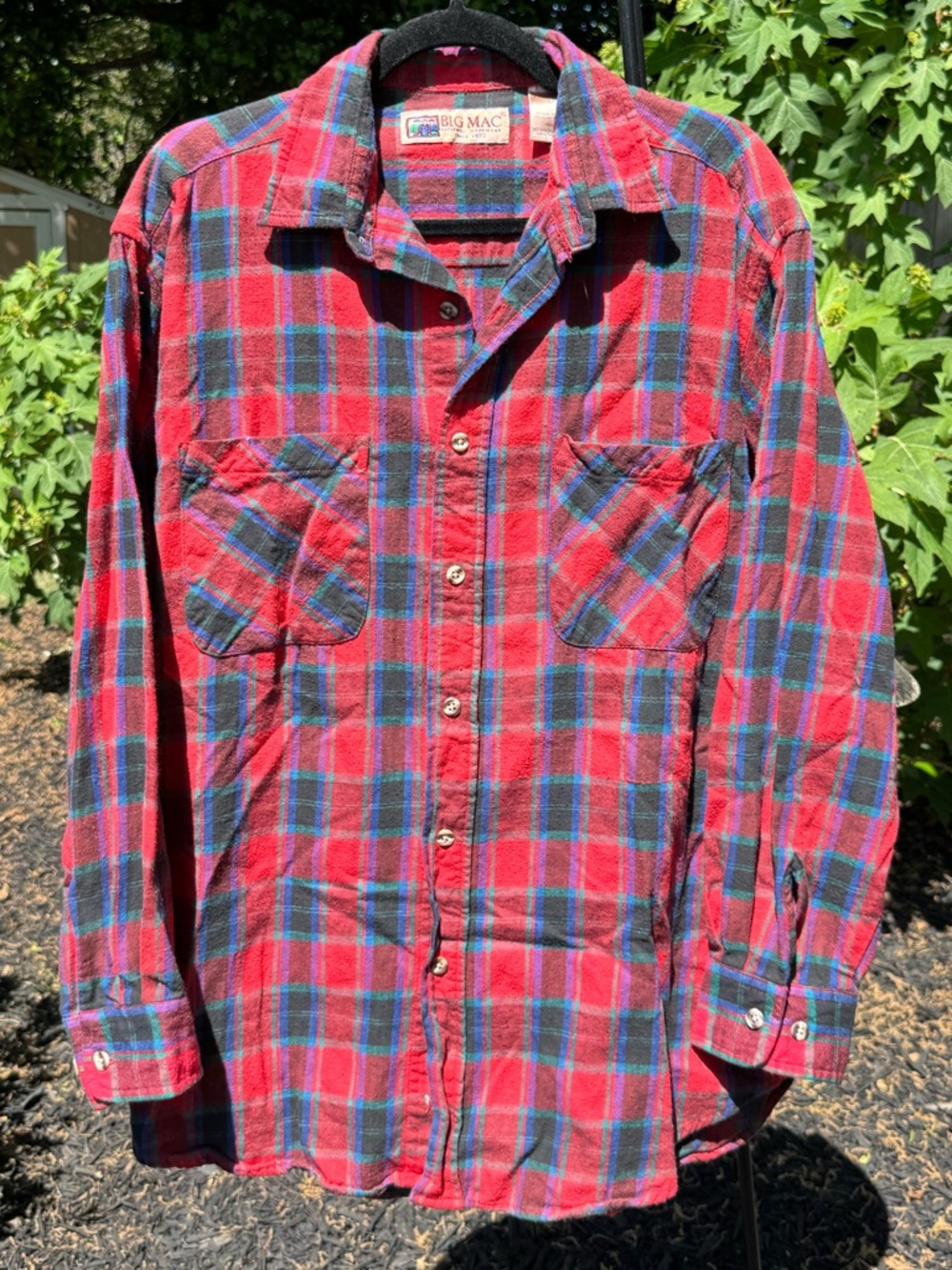 Vintage Big Mac Plaid Flannel Shirt Red Blue Cotton Button Down L